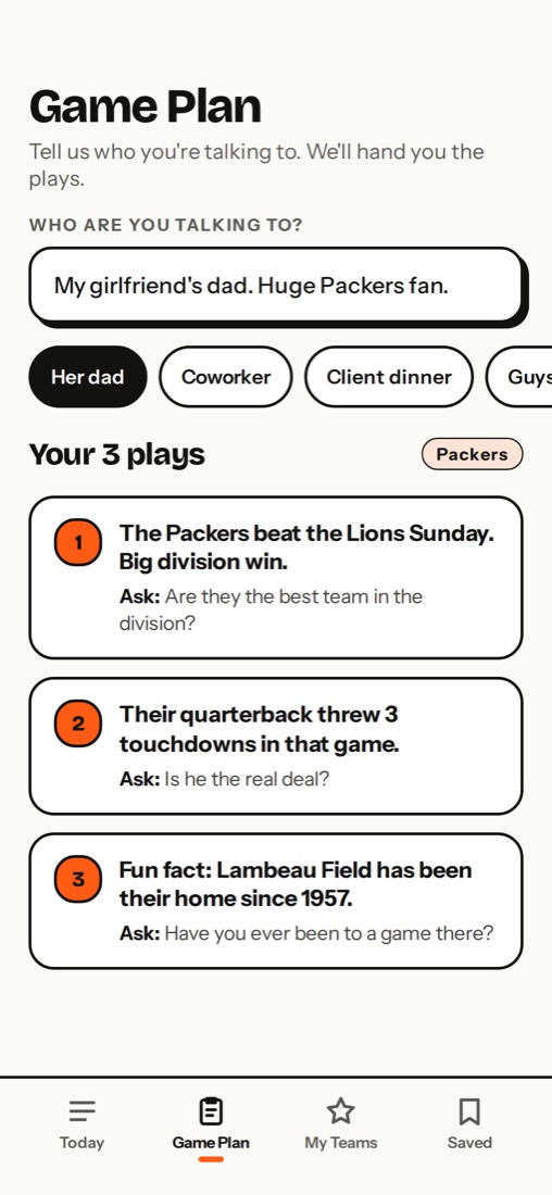 The Game Plan screen with three plays for a Packers fan