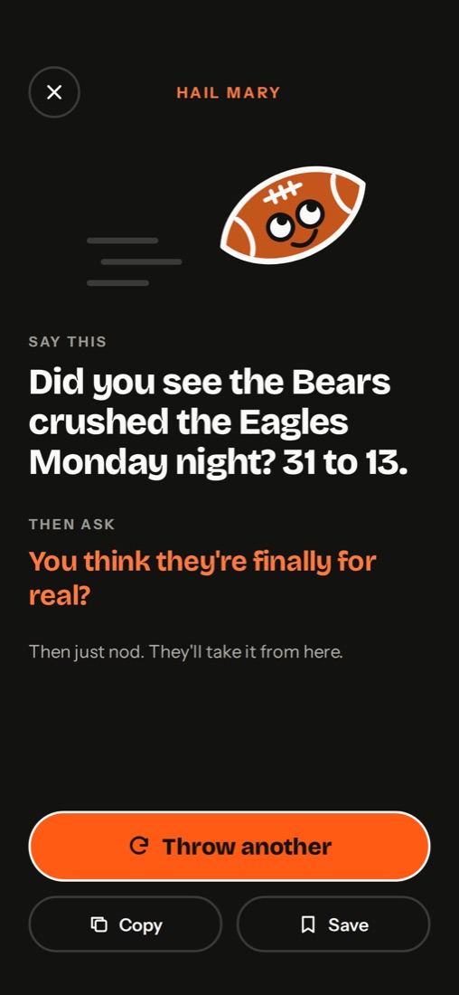 The Hail Mary screen with one line to say and one question to ask