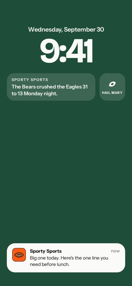 Lock screen widgets with today's top line and a Hail Mary button